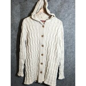 Binghamton Knitting Co Sweater Womens Medium White Hooded Cable Knit Cardigan